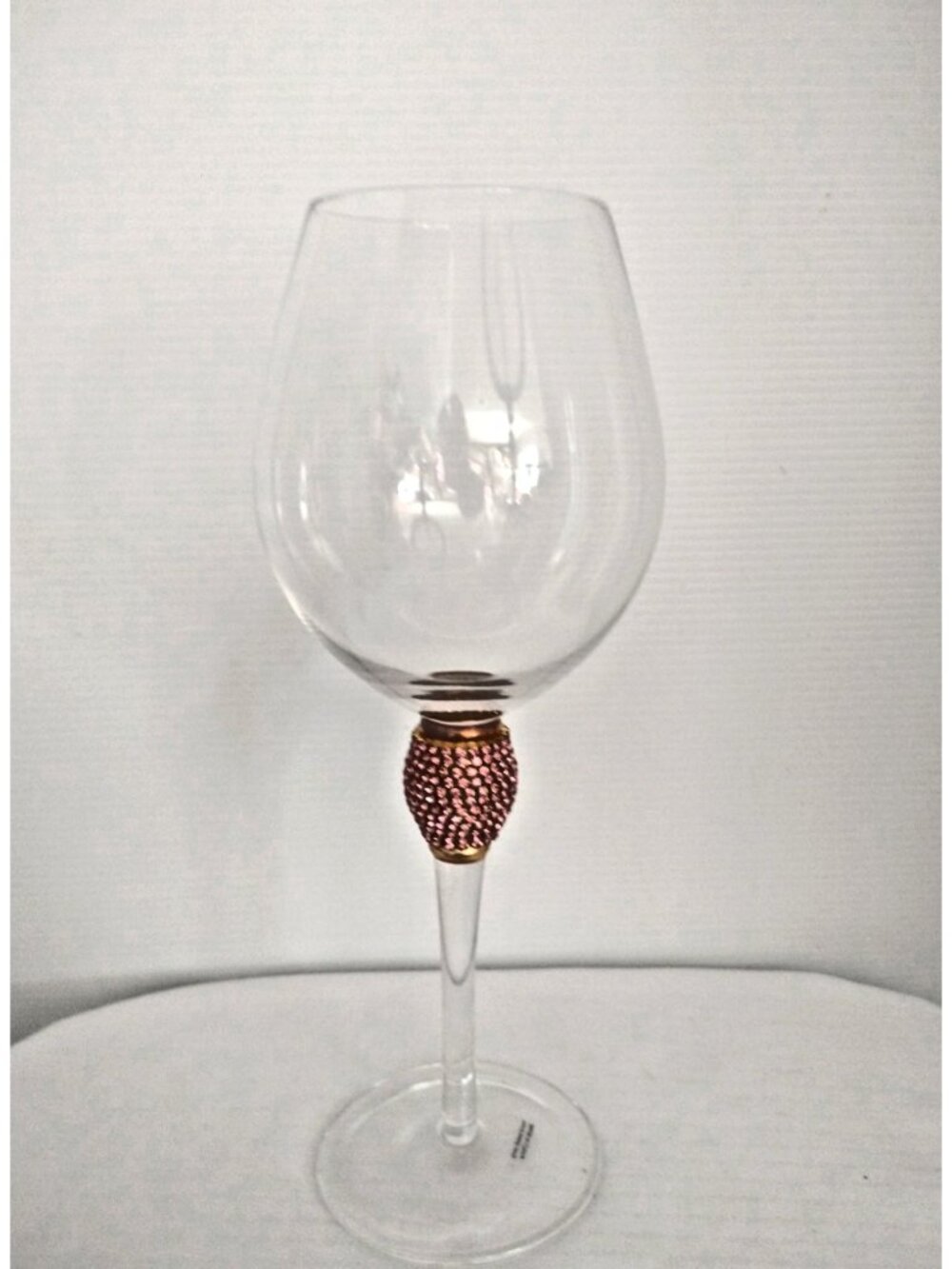 One Clear Wine Glass 16oz Gold Pink Design with Rhinestone Studded New 10"